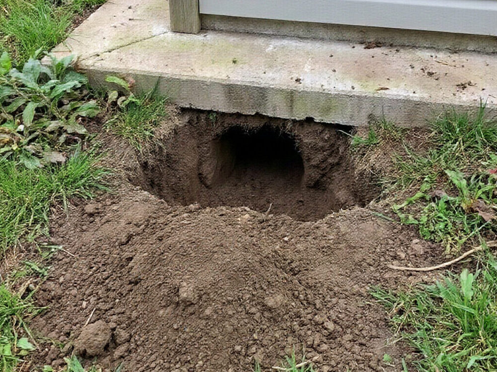 Animal burrow dug under a shed footing
