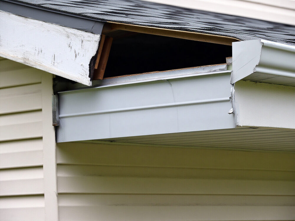 Soffit panel pushed open at a roof corner
