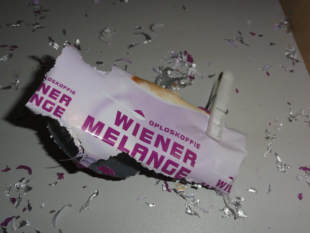 Bag of stored food chewed open by rodents