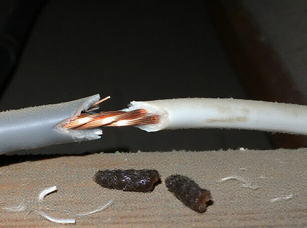 Chewed electrical cable in a wall cavity