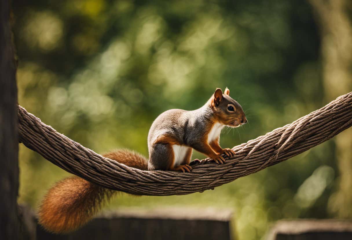 An image showcasing a squirrel effortlessly maneuvering through a complex obstacle course, displaying their agility and intelligence