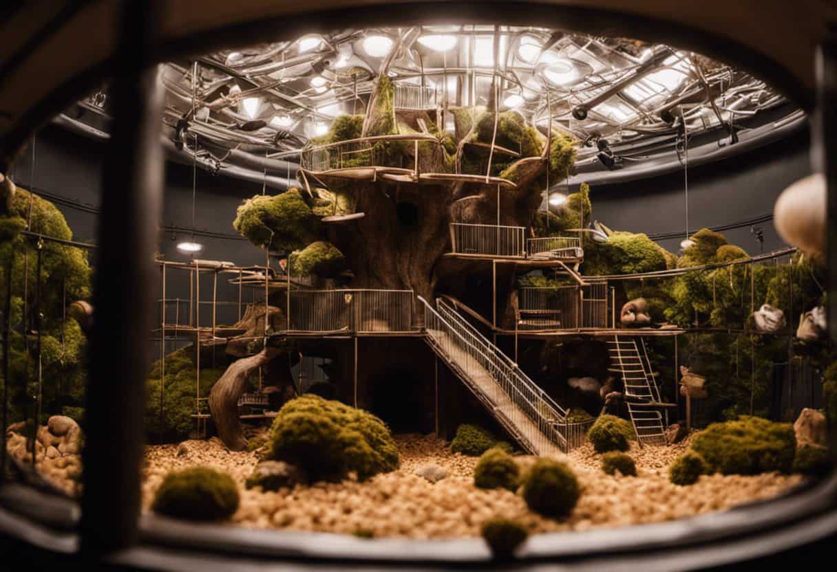 An image of a spacious, multi-level indoor enclosure for a pet squirrel
