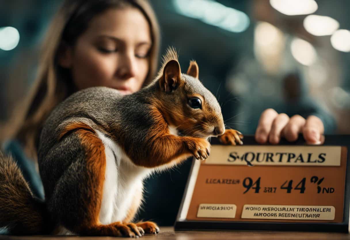 An image of a person holding a squirrel, sitting in front of a signboard displaying a list of laws and regulations regarding pet ownership
