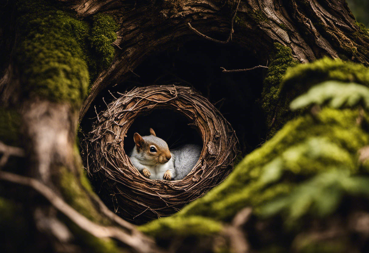 An image showcasing a cozy squirrel nest nestled within the hollow of a thick, knotted tree trunk