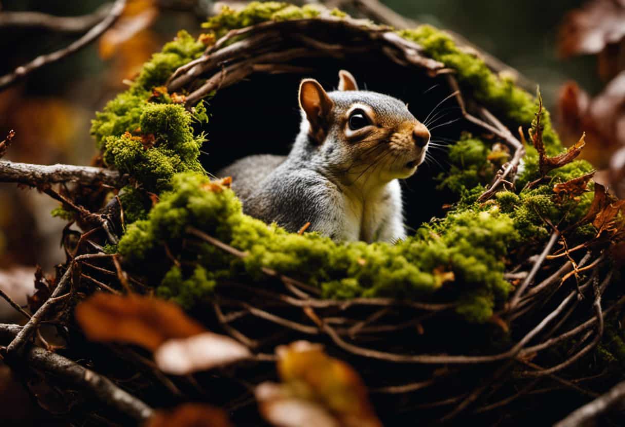 An image capturing a close-up of a squirrel's nest, showcasing the intricate arrangement of leaves, twigs, and moss, cleverly insulating the cozy den against the biting winter cold