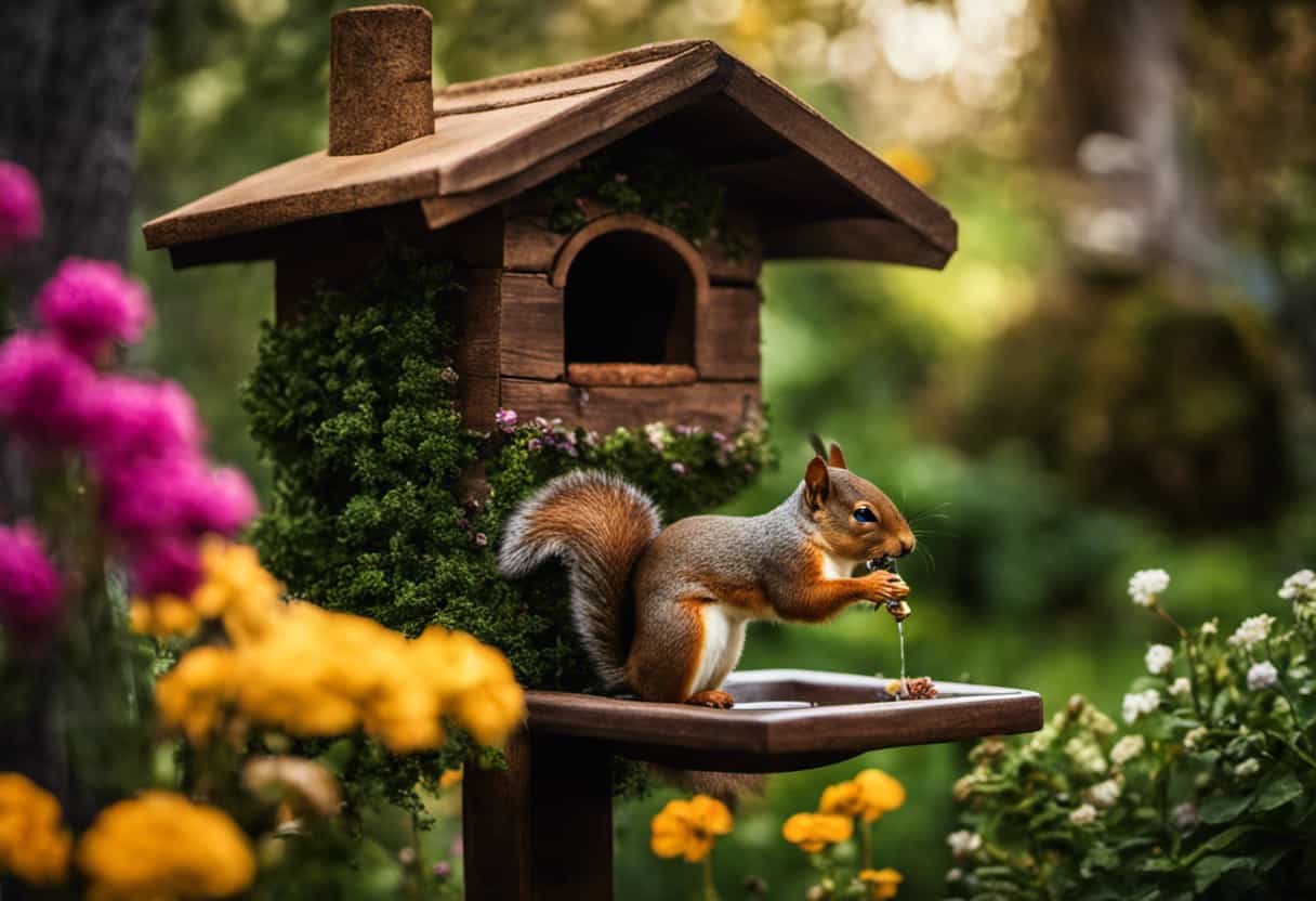 An image depicting a lush backyard garden with a variety of squirrel-friendly elements: a tall oak tree, a bird feeder filled with nuts, a small water fountain, and a cozy wooden squirrel house nestled among colorful flowers