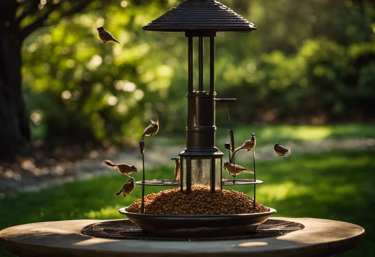 An image capturing the essence of attracting squirrels by showcasing a lush green backyard dotted with bird feeders filled with nuts, a shallow birdbath, and strategically placed dishes brimming with fresh water