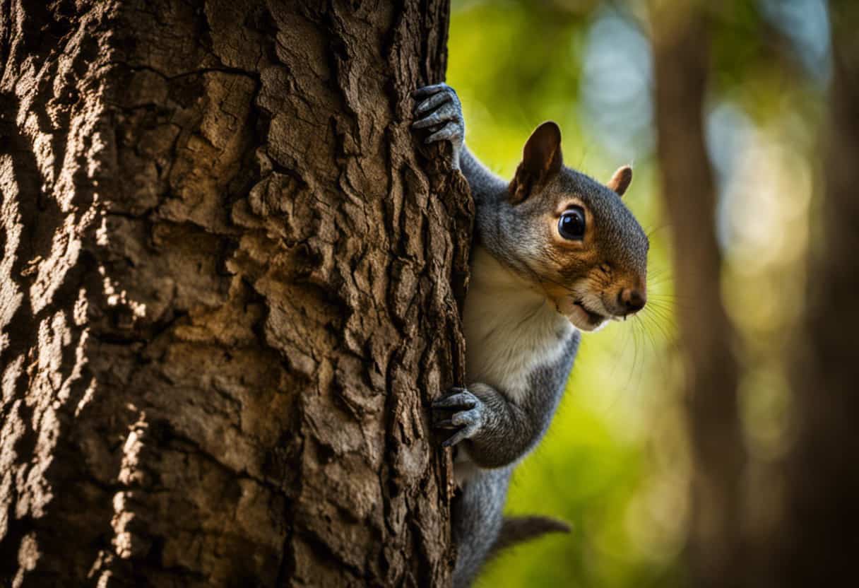 -up shot capturing a squirrel cautiously peeking out from behind a tree trunk, with its tail arched upwards in curiosity, showcasing its inquisitive nature and agile movements that are key to understanding squirrel behavior and habits