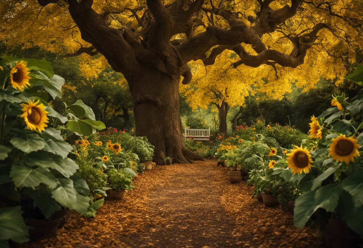 An image showcasing a vibrant garden with tall, leafy oak trees, filled with acorns, and surrounded by a variety of enticing plants like sunflowers, hickory trees, and tasty fruits, to attract squirrels