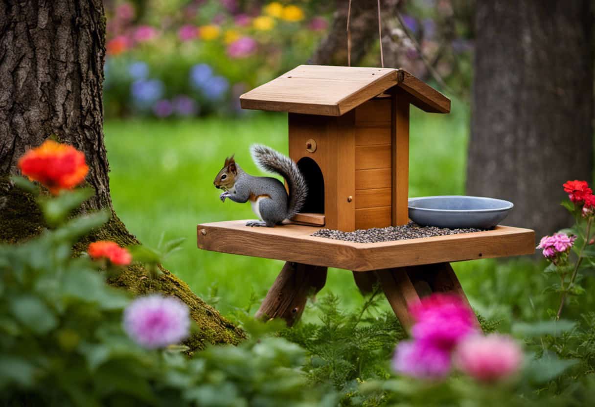 An image showcasing a backyard with a sturdy, well-maintained squirrel feeder attached to a tree, surrounded by colorful flowers and a small birdbath nearby, emphasizing a safe and inviting environment for squirrels