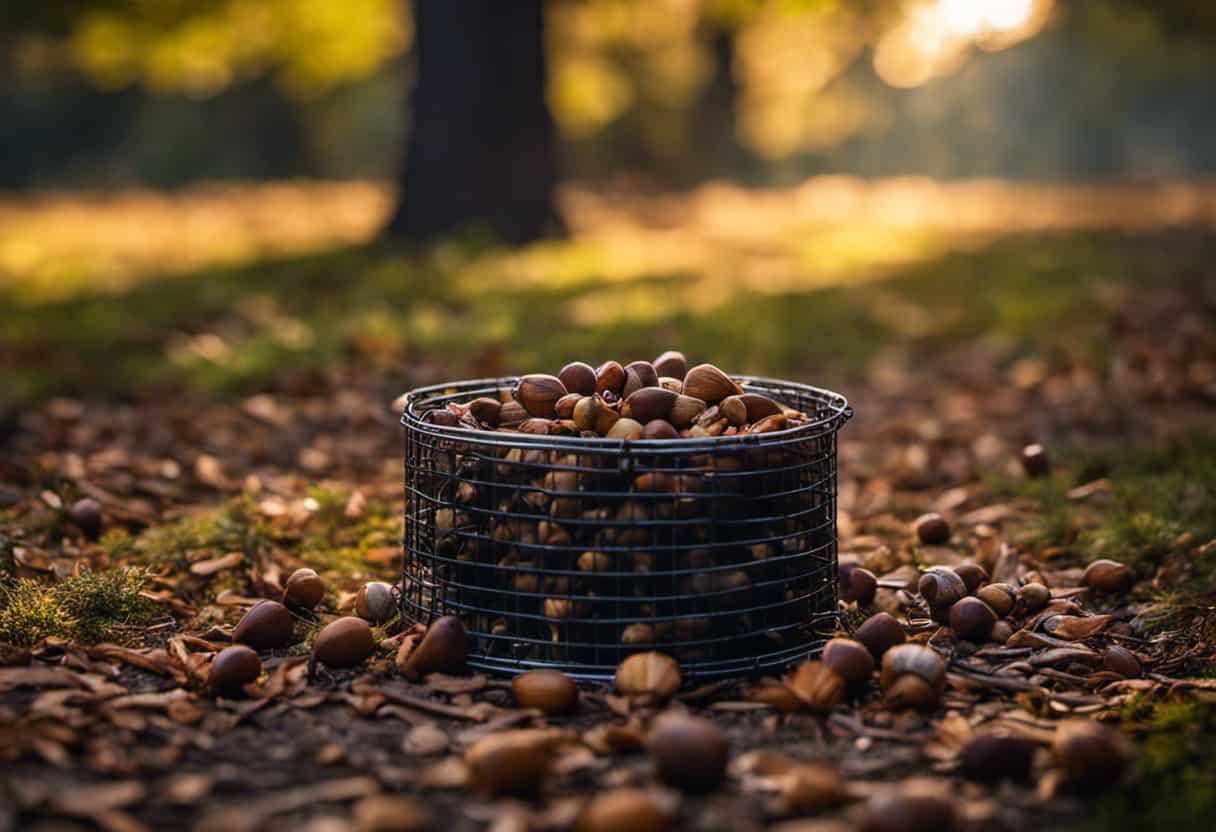 An image showcasing a spacious outdoor setting with a mesh wire enclosure, scattered acorns, a trail of nuts leading towards a hidden trap, and a strategically placed tree stump for observing squirrels