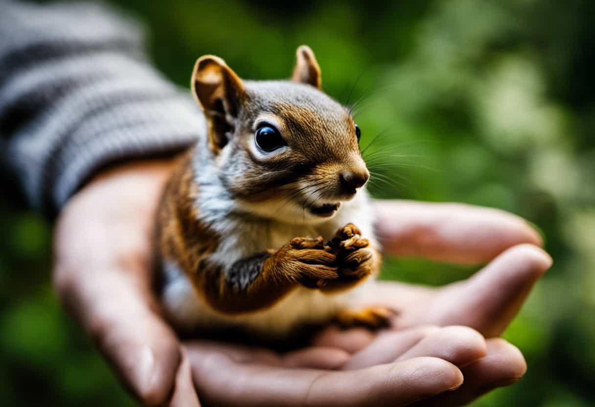 An image capturing the delicate process of gently cradling a squirrel in gloved hands, with a background of lush greenery