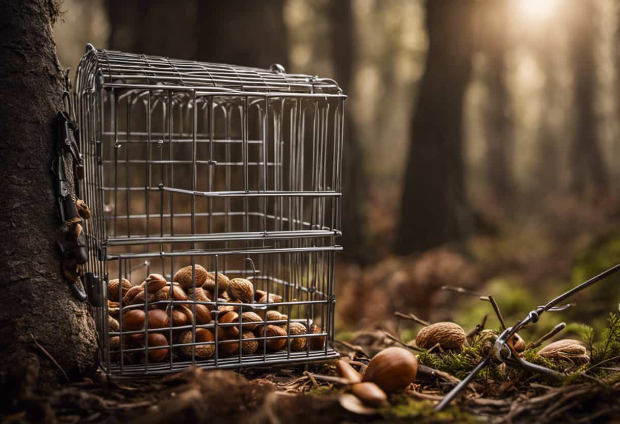 An image depicting a hand holding a sturdy metal cage trap baited with nuts, positioned strategically near a tree trunk