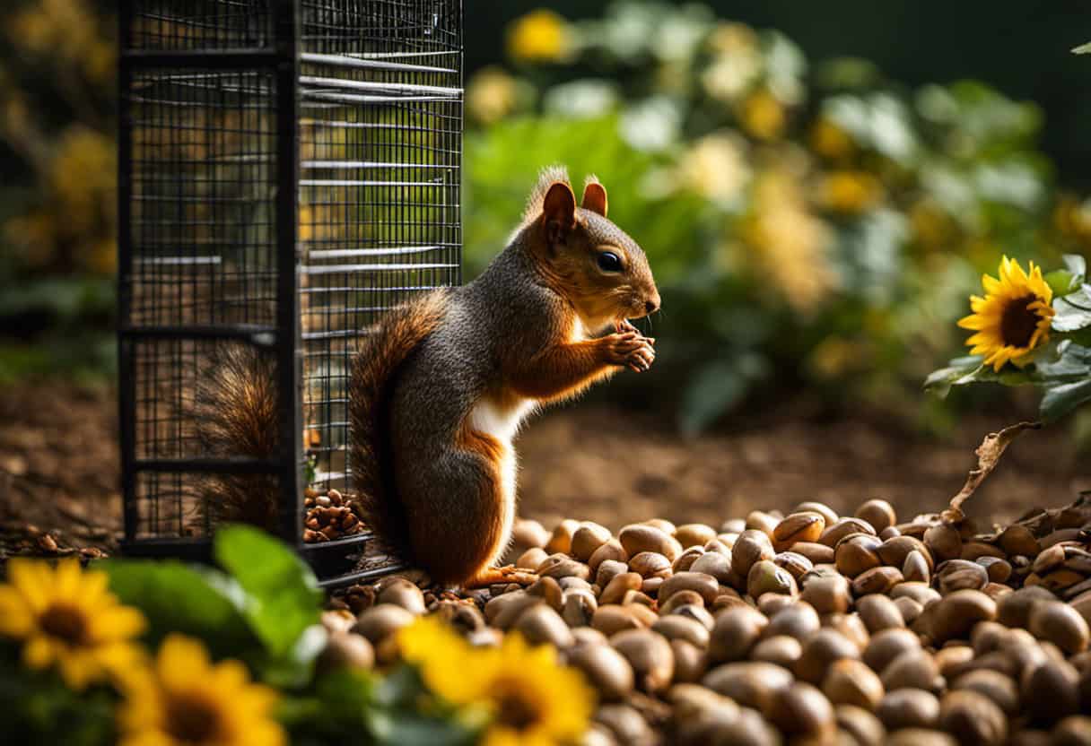 An image showcasing various baiting techniques to capture squirrels: an enticing trail of shelled peanuts leading to a strategically positioned cage, surrounded by a lush garden backdrop teeming with acorns and sunflower seeds