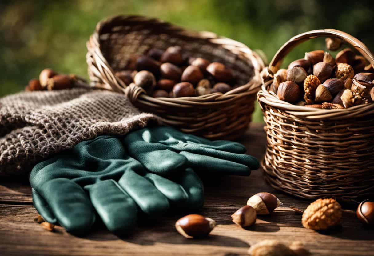 An image that showcases a pair of gardening gloves, a sturdy net with a long handle, a bag of crunchy nuts, and a basket filled with acorns, all neatly arranged on a wooden table
