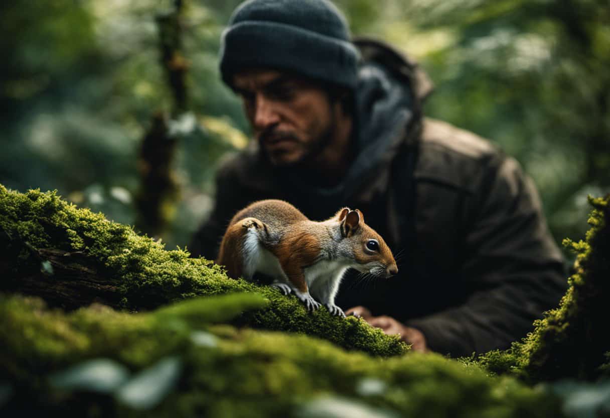An image featuring a human figure crouching down, camouflaged in dense foliage, with intense focus on their eyes and hands reaching out towards a squirrel perched on a tree branch, unaware of the imminent capture