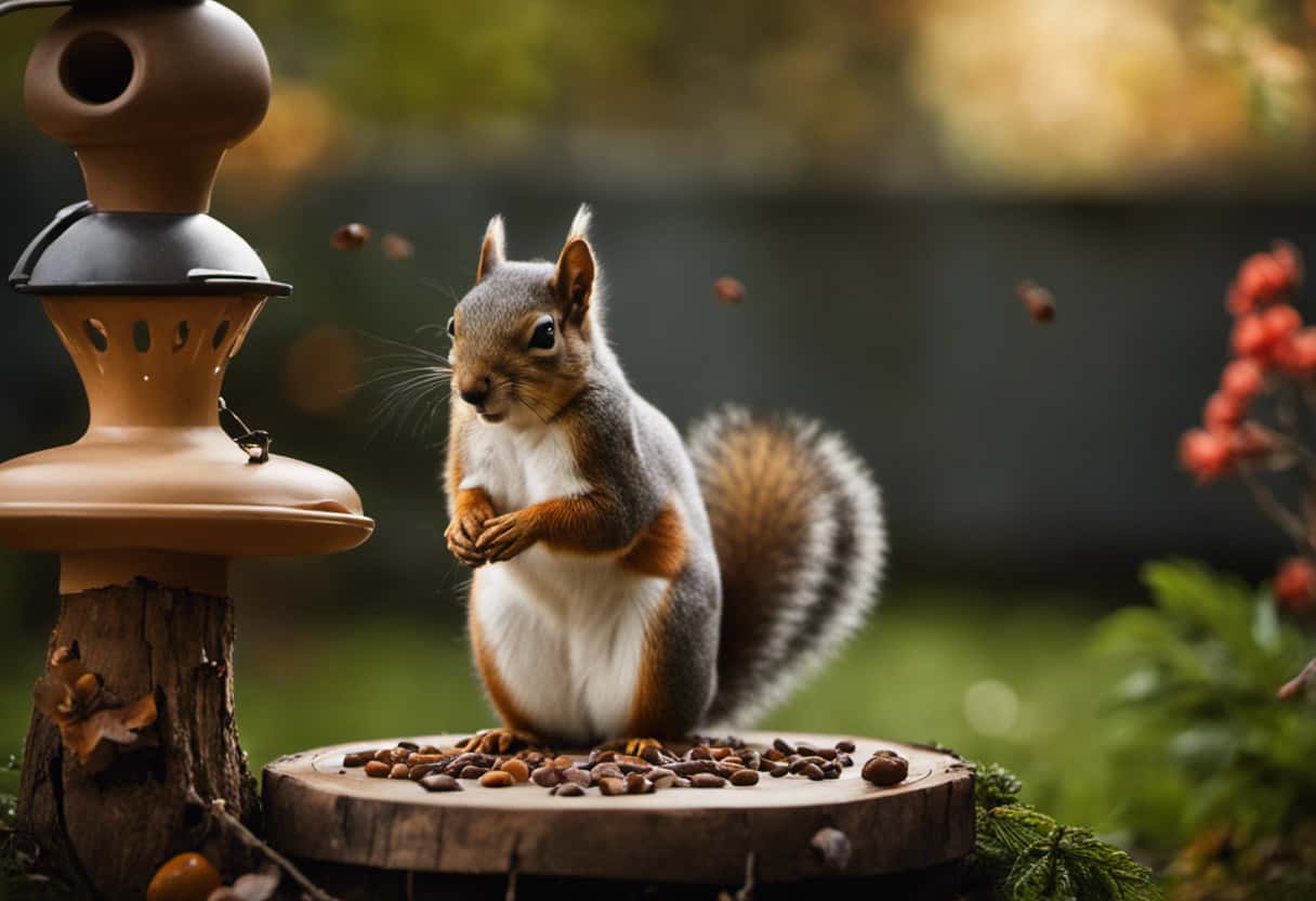 An image showcasing a serene backyard scene with a squirrel perched on a tree stump, surrounded by a variety of strategically placed food sources, such as bird feeders, a water basin, and scattered nuts