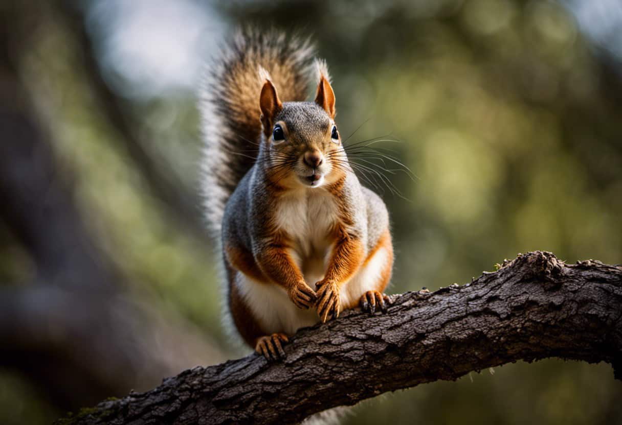 An image showcasing a squirrel perched on a tree branch, focusing on its keen eyes and nimble paws