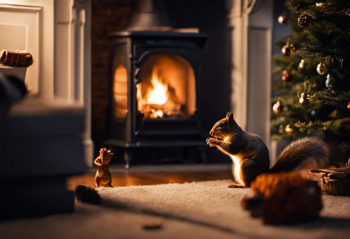 An image showcasing a cozy living room with a crackling fireplace, where a startled squirrel darts out through an open chimney, as a resourceful homeowner tries to prevent its escape using a broom and a makeshift barrier