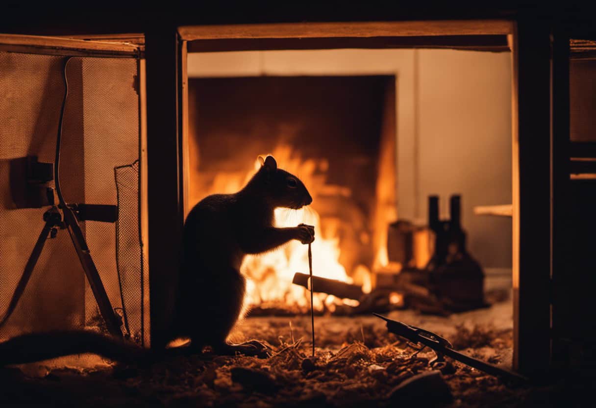An image showcasing a distressed homeowner peering into a fireplace, while a professional wildlife removal expert, equipped with specialized tools, stands nearby ready to assist in safely removing the squirrel from the chimney