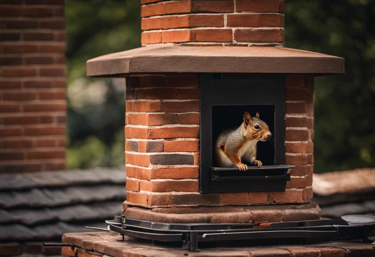 An image of a sturdy metal chimney cap securely installed on top of a brick fireplace