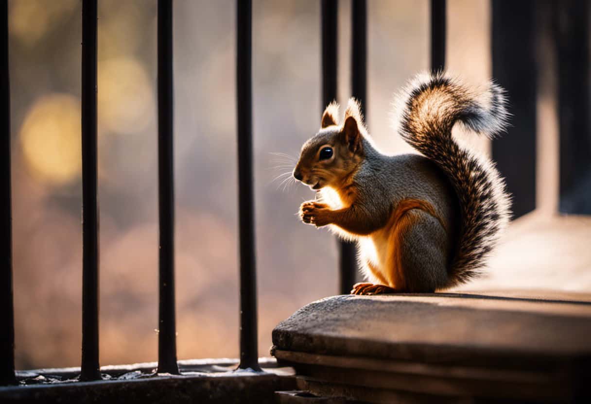 An image capturing a close-up view of a squirrel peering down the chimney from inside the fireplace, sunlight streaming through the metal grate, revealing its anxious eyes and paws gripping the edges