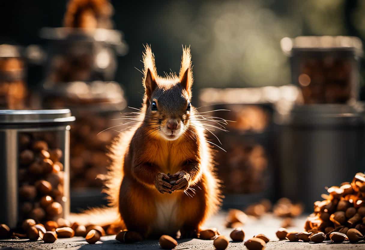 An image depicting a well-organized garage with strategically placed humane traps baited with nuts, showcasing the process of capturing red squirrels
