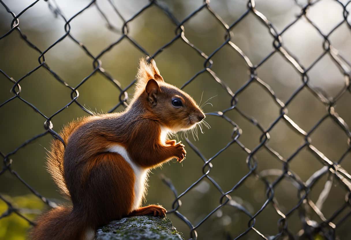 An image of a sturdy metal wire mesh, tightly secured on a garage window, preventing any access for mischievous red squirrels