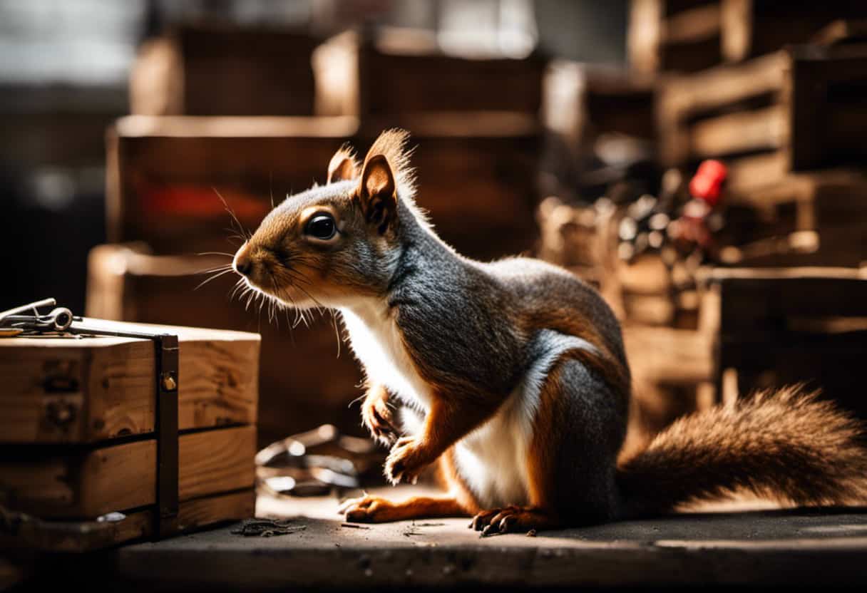 An image of a garage interior with a squirrel trap strategically placed near a stack of wooden crates, showing scattered chewed wires, torn insulation, and a red squirrel peeking out from behind a toolbox