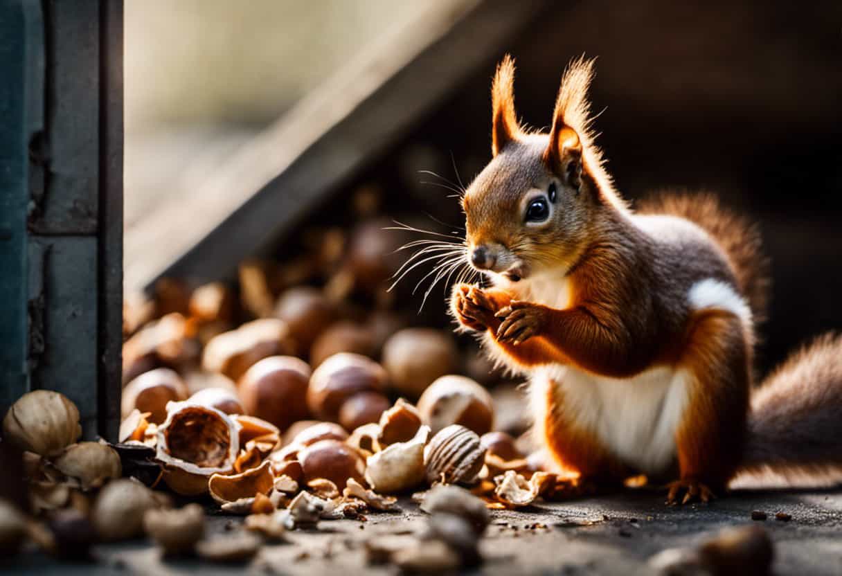 An image capturing the intricate behavior of red squirrels in a garage setting: a mischievous squirrel peering through a crack in the door, surrounded by scattered nutshells and evidence of their relentless quest for food