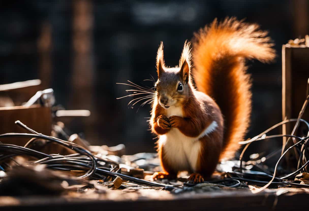An image depicting a red squirrel perched on a storage shelf in a cluttered garage, surrounded by chewed wires, gnawed wooden beams, and scattered debris, showcasing the potential damage caused by red squirrels