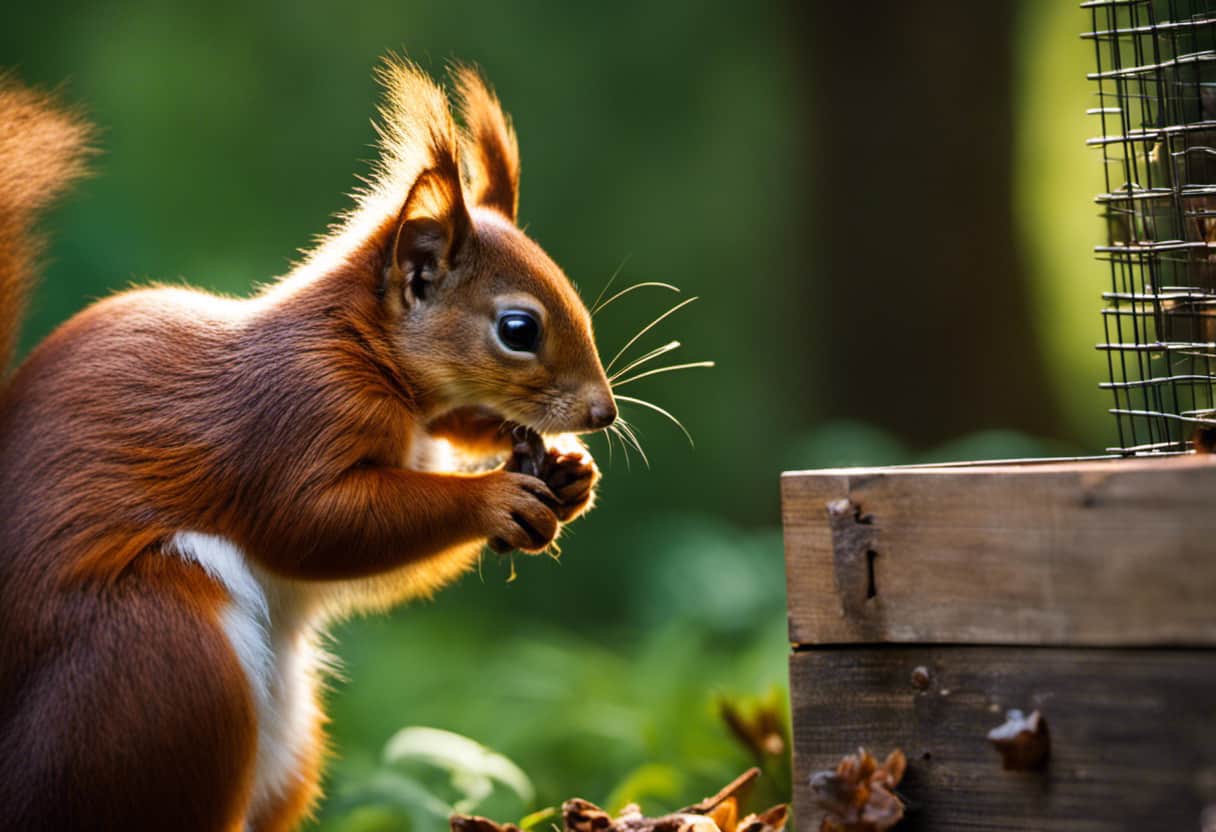 An image capturing the moment of a person wearing protective gloves gently releasing a red squirrel from a humane trap into a lush, vibrant forest setting, emphasizing the safe and ethical method of relocating these adorable creatures