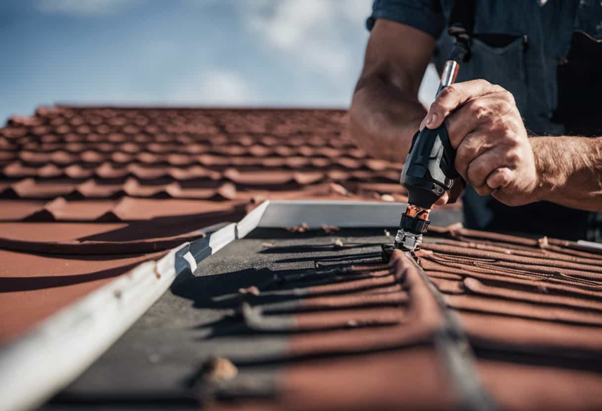 An image showcasing a close-up of a person sealing off a small gap in a roof with durable mesh wire, using a caulking gun to apply weatherproof sealant around it
