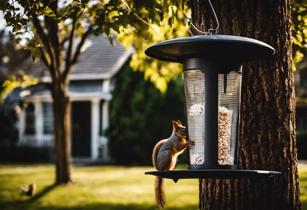 An image showcasing a tightly sealed trash can with a secure lid, bird feeders elevated on a pole, and a squirrel-proof bird feeder hanging from a tree, all surrounded by a clean and debris-free yard