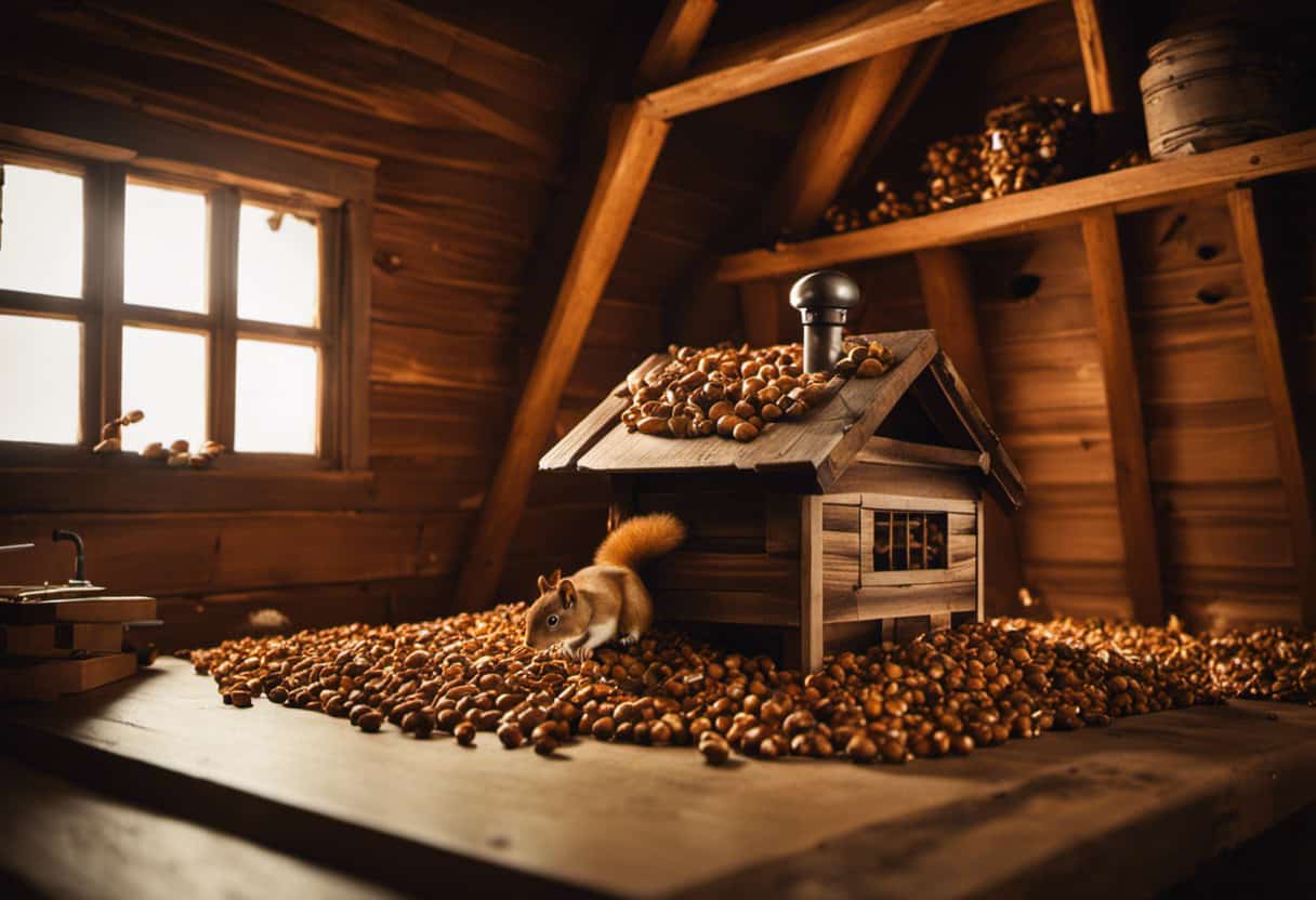 An image of a wooden attic with a strategically placed squirrel trap baited with nuts