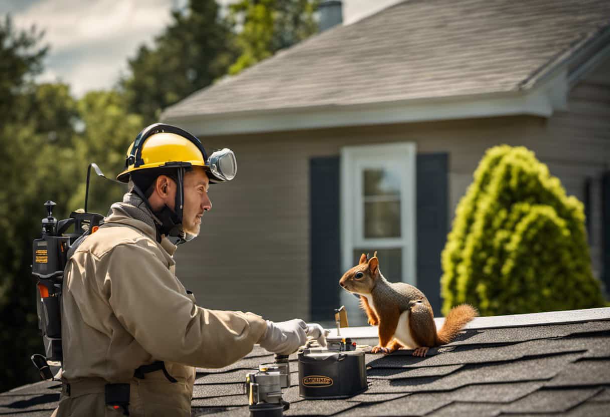 An image depicting a homeowner discussing squirrel removal options with a professional pest control technician, both wearing protective gear, inspecting the roof for squirrel entry points using advanced tools and equipment