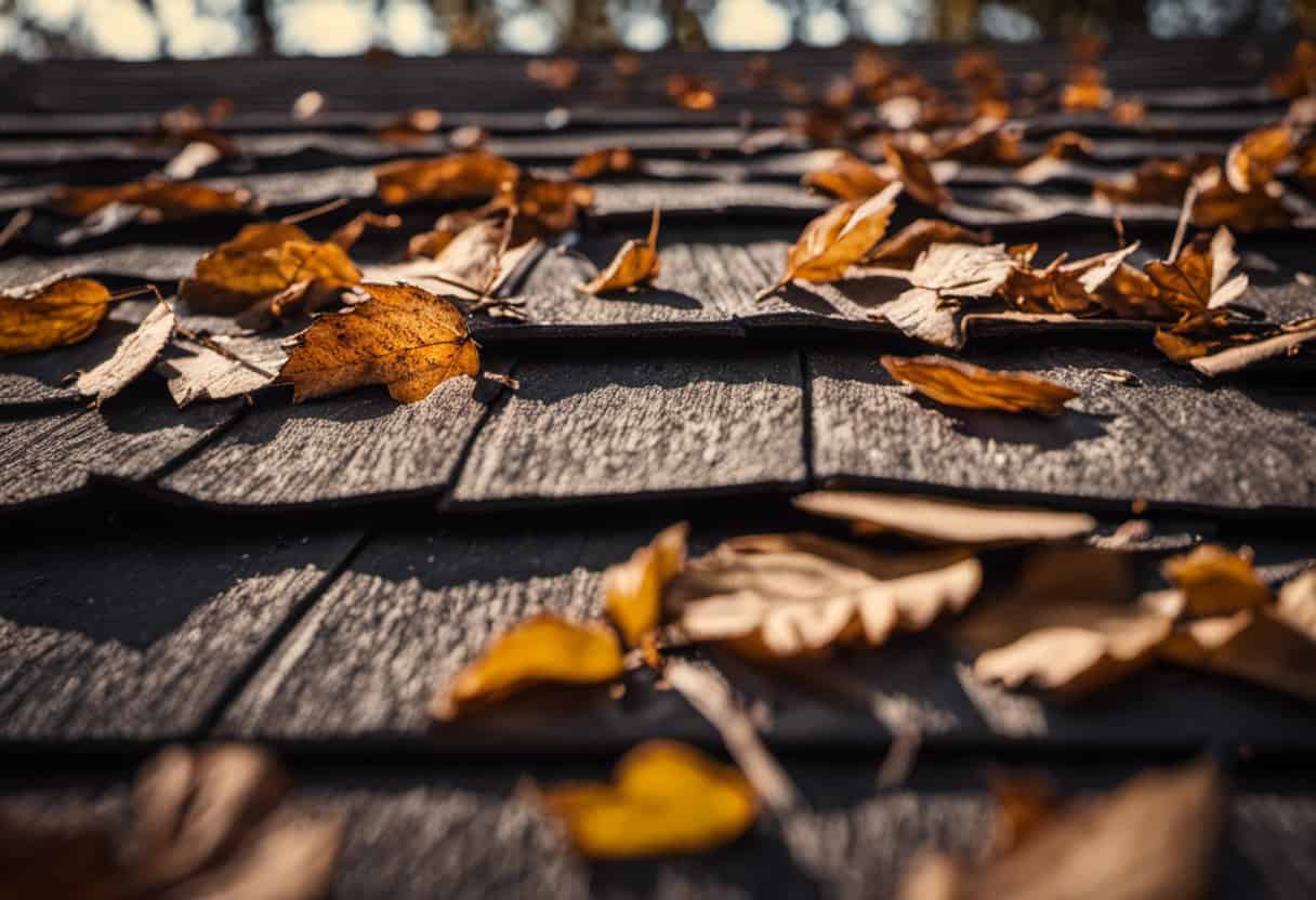 An image depicting a close-up of a roof with a clearly damaged area, showing signs of chewed wood, scattered leaves, and squirrel droppings nearby