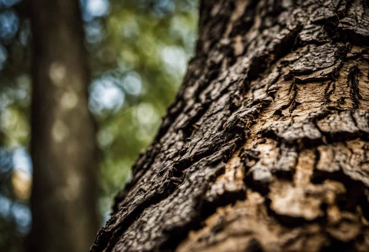 An image showcasing a close-up view of a tree trunk with clear signs of squirrel entry points: gnawed bark, chewed holes, and scratched surfaces