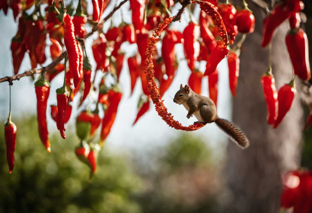 An image showcasing a picturesque backyard scene with a hanging bird feeder surrounded by a ring of chili pepper flakes