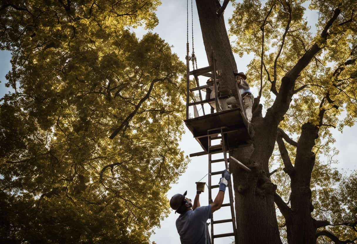 An image of a determined homeowner wearing gloves and a protective hat, standing on a ladder, using a long pole to gently prod a squirrel nest in a tall tree, while squirrels scatter in the branches above