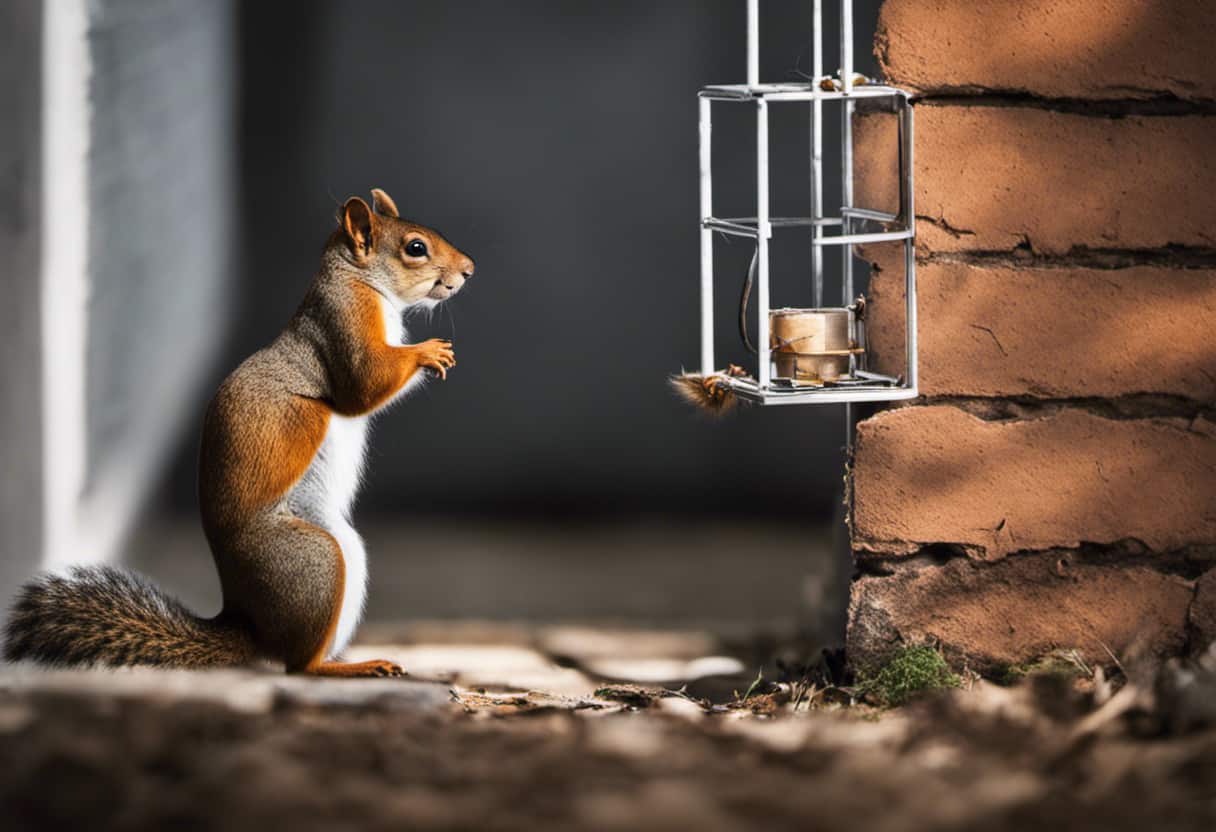 An image depicting a humane squirrel trap placed near a hole in a wall, with bait inside, and a squirrel curiously sniffing the trap