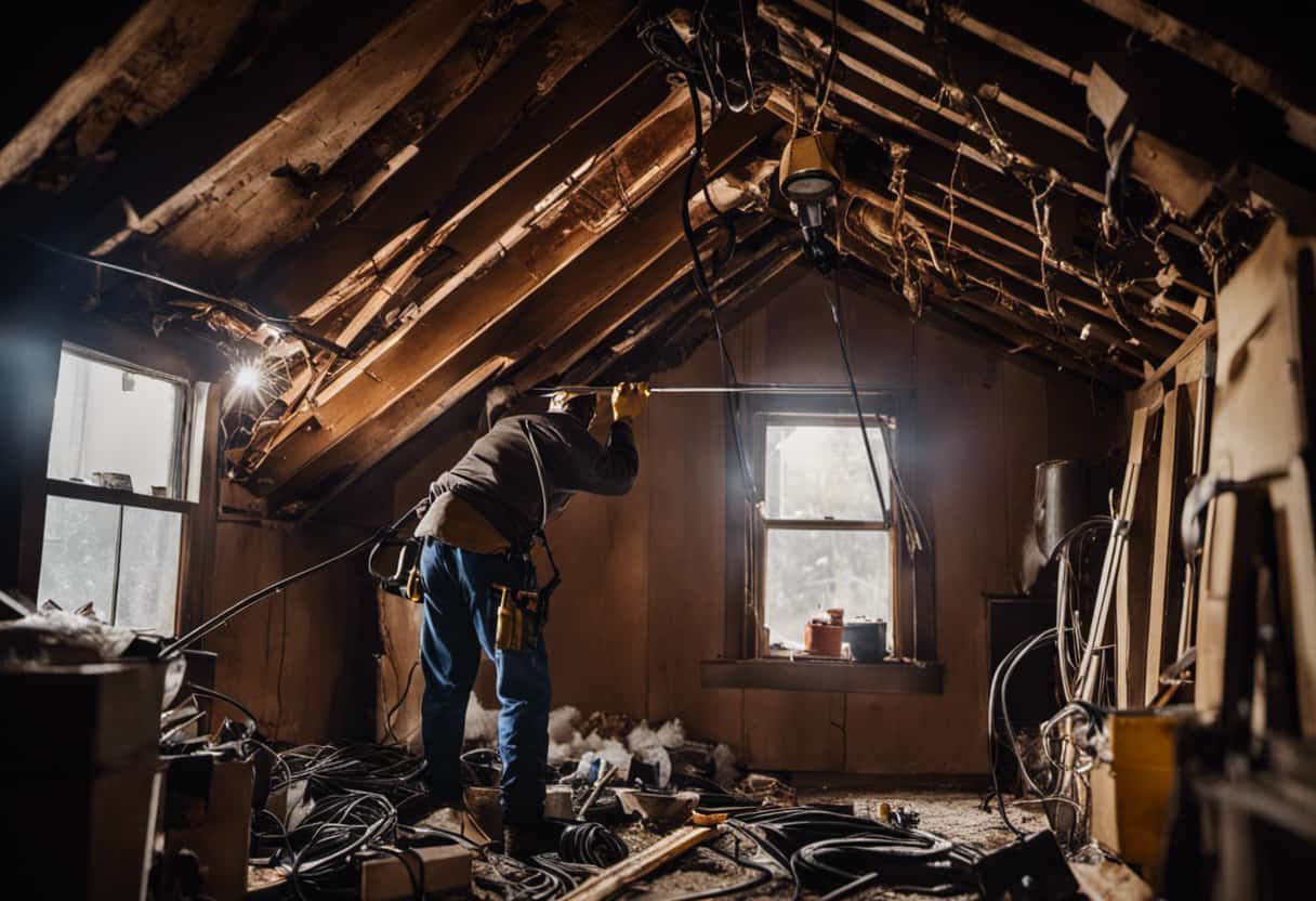 An image showcasing a handyman repairing gnawed electrical wires in an attic, surrounded by insulation debris