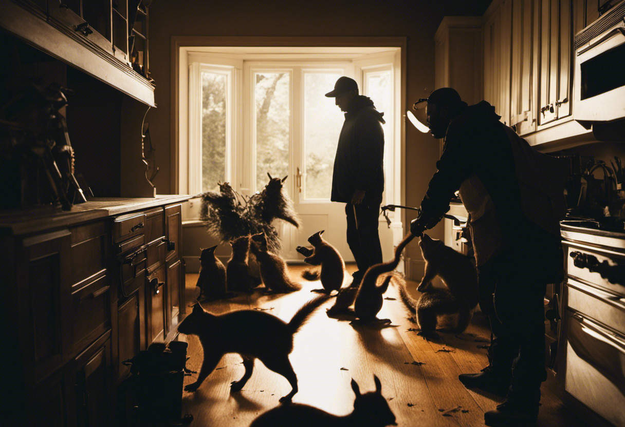 An image showcasing a silhouette of a homeowner in distress, surrounded by squirrels scurrying across the floor, while a professional wildlife removal expert stands nearby, equipped with tools and a confident expression