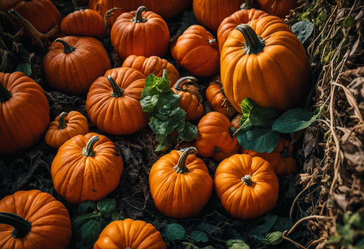 An image showcasing a vibrant pumpkin patch with a variety of colorful pumpkins surrounded by a protective barrier of natural deterrents, such as spicy peppers, cayenne powder, and mint leaves, aimed at repelling mischievous squirrels