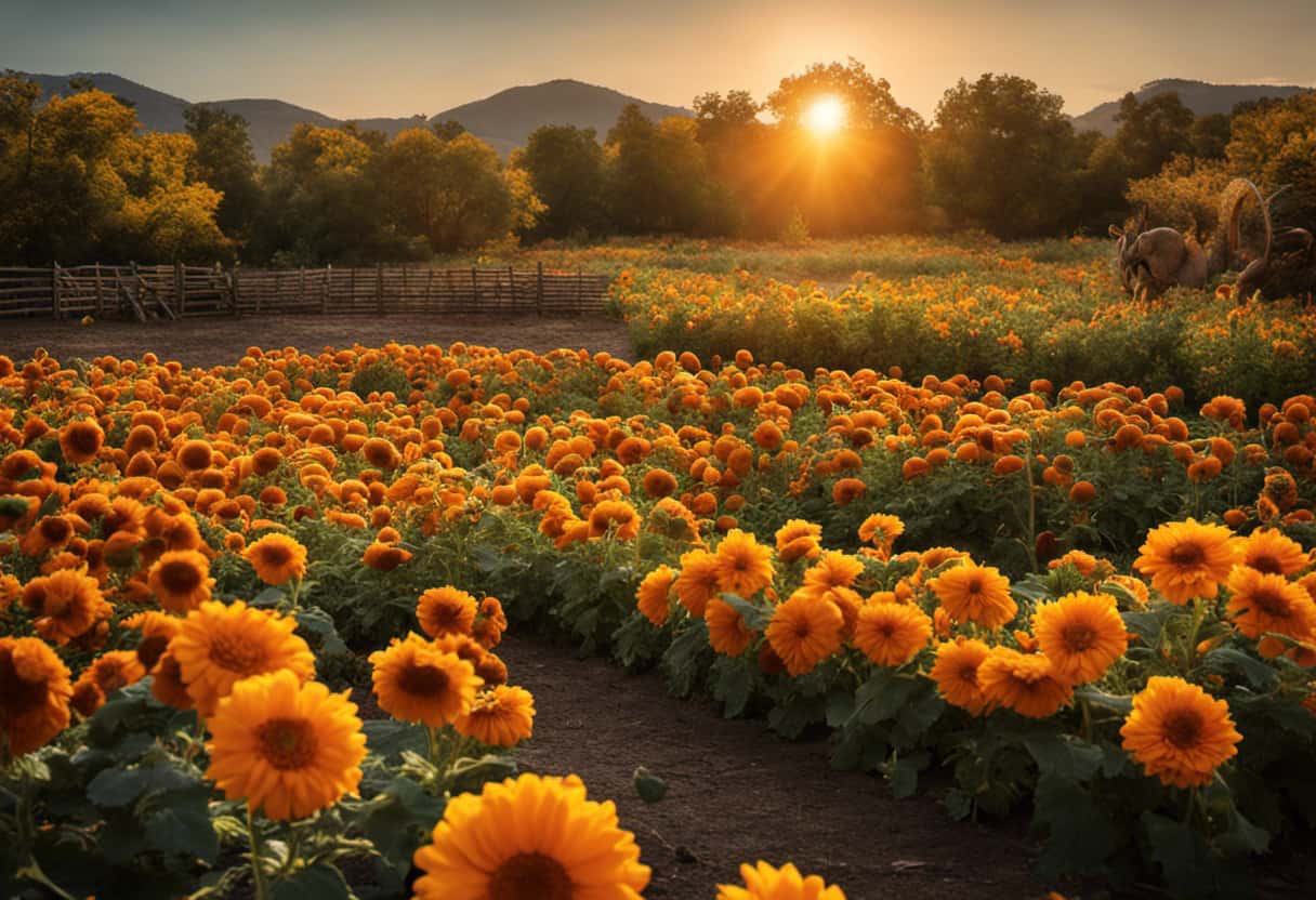 An image of a vibrant pumpkin patch surrounded by a ring of aromatic marigolds, prickly rose bushes, and towering sunflowers