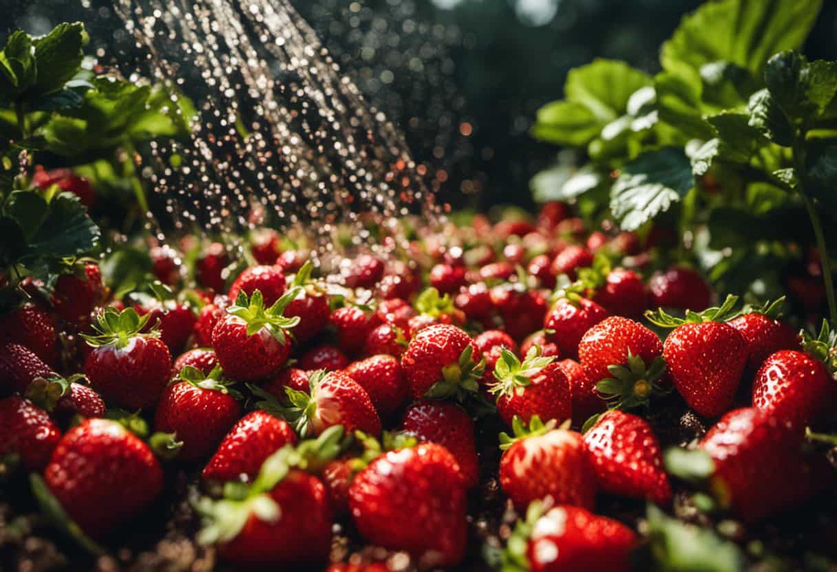 An image showcasing a lush strawberry garden surrounded by a ring of crushed red pepper flakes, shiny aluminum foil strips fluttering in the wind, and a motion-activated sprinkler system guarding the precious plants