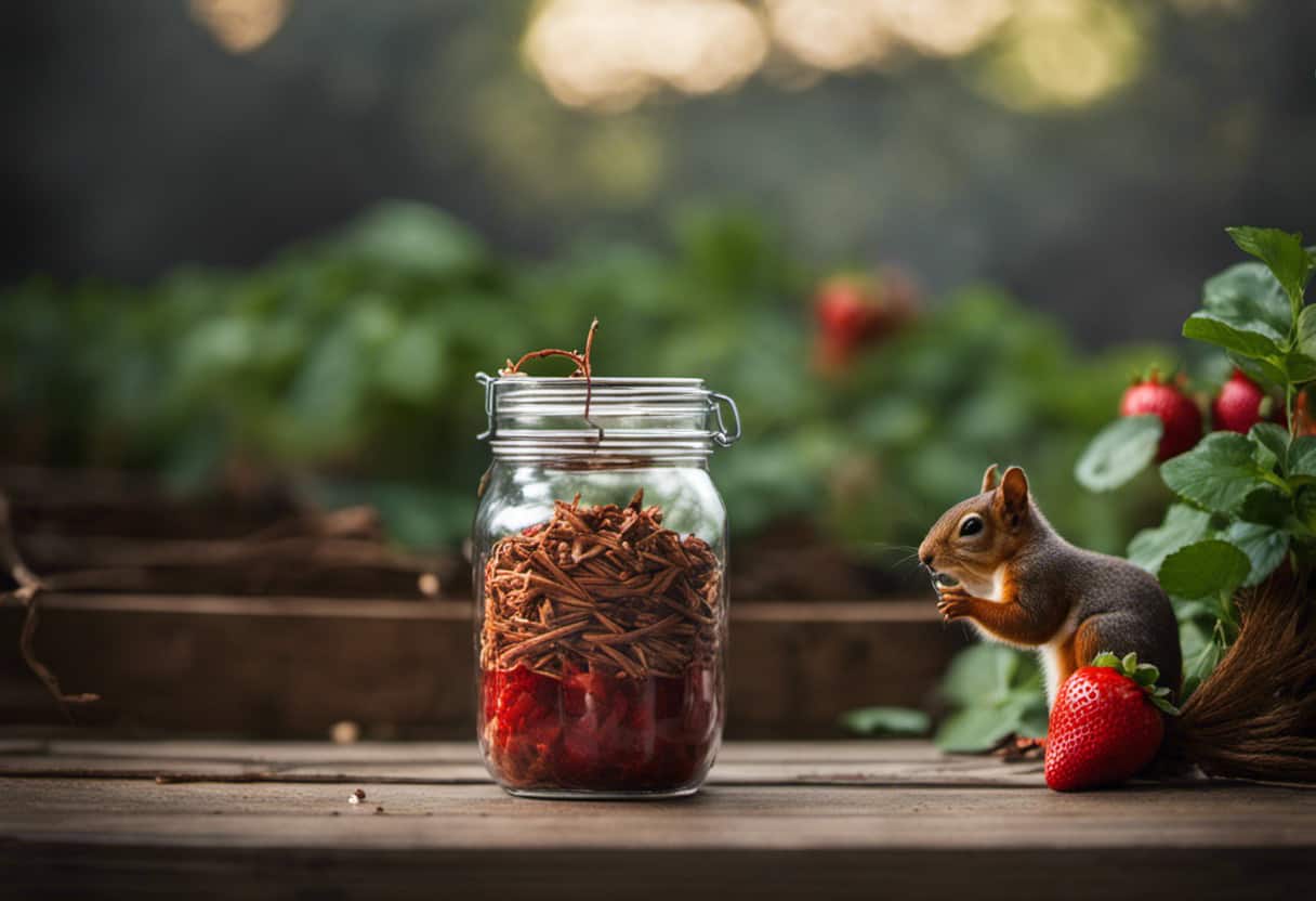 An image showcasing a DIY squirrel repellent: A mason jar filled with a mixture of spicy cinnamon sticks, crushed garlic, and cayenne pepper, suspended next to a thriving strawberry plant with a protective netting