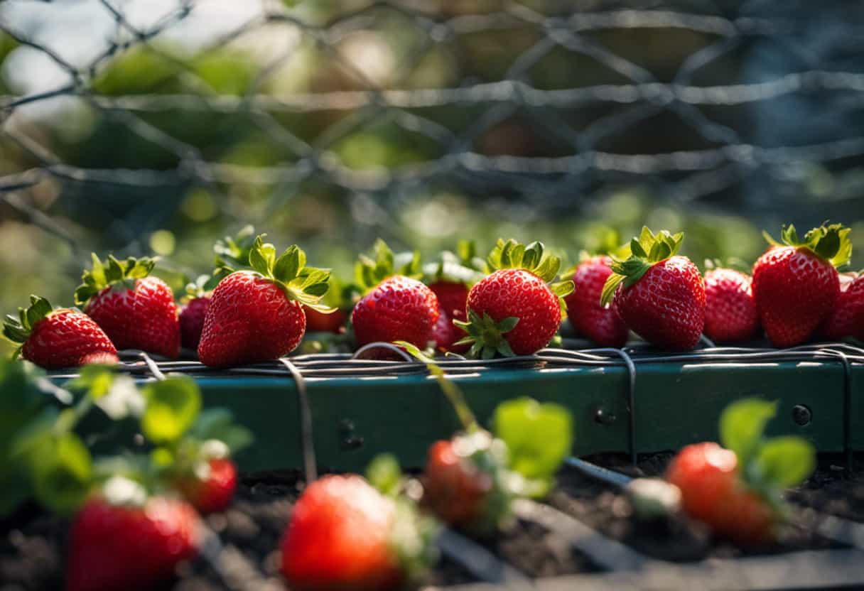 An image showcasing a garden bed filled with vibrant strawberry plants, surrounded by a protective wire mesh fence