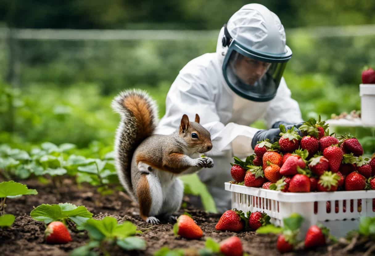 An image that depicts a professional pest control technician wearing a protective suit and using specialized equipment to safely remove squirrels from a strawberry garden