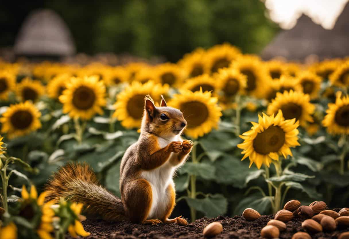 An image showcasing a lush, vibrant garden bursting with sunflowers, cornstalks, and a variety of nuts, inviting squirrels to frolic and feast, while strawberry plants remain protected and untouched in the background